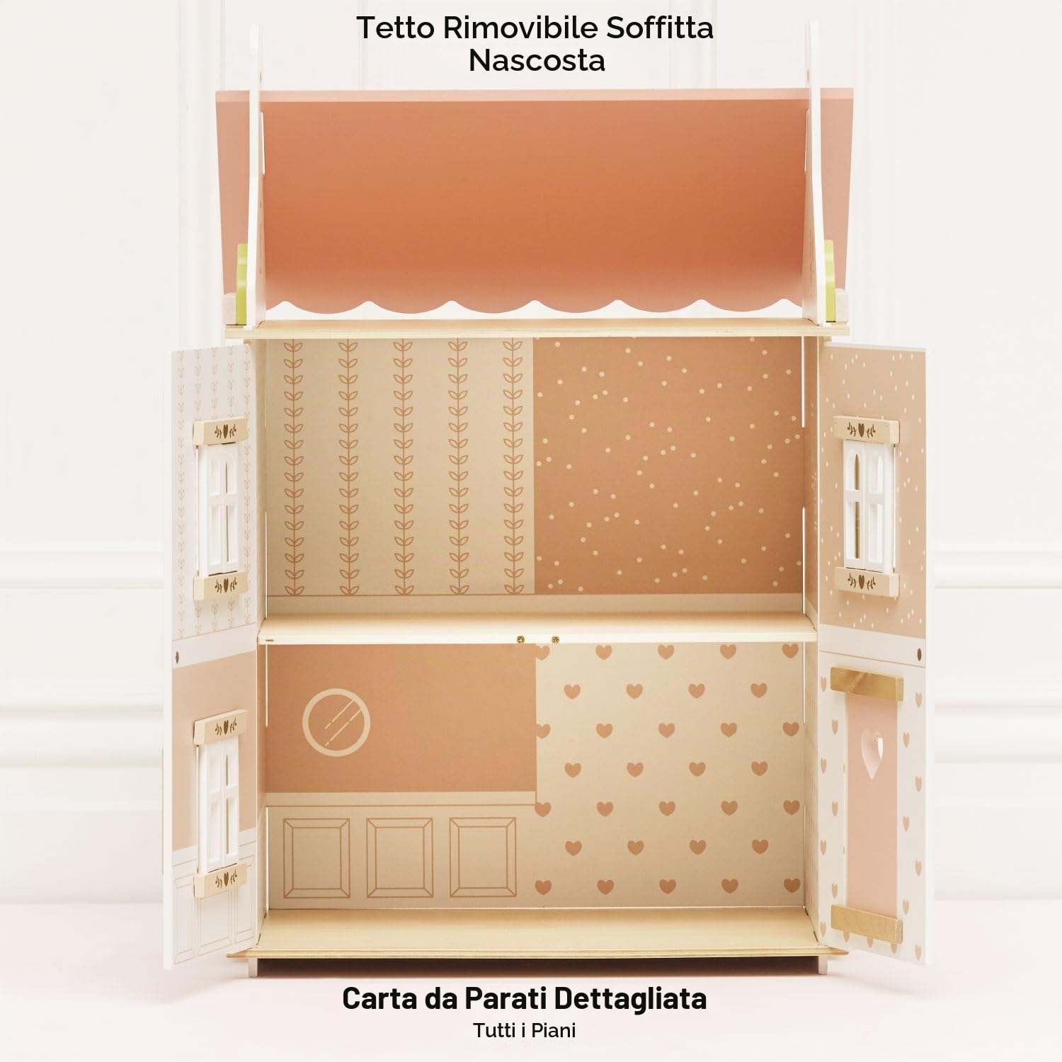 Le Toy Van - H124 - Casa delle bambole Rose Heart in legno certificato FSC, 3 anni, per bambina, 2 piani, l 44 x p 36 x h 66 cm, con persiane, finestre e porte apribili, gioco Montessori ecologico