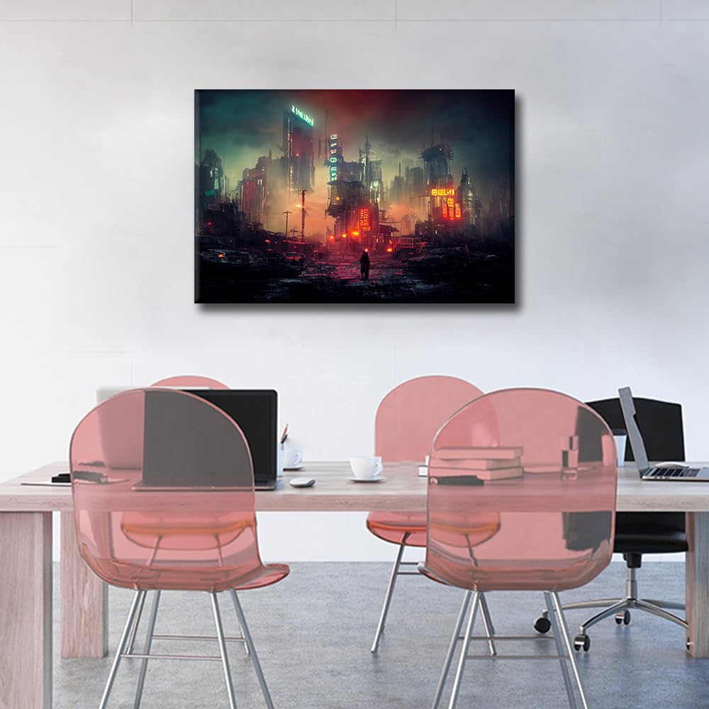 1 Panel Cyberpunk Canvas Wall Decor Cyberpunk Post Apocalyptic City Poster Prints on Canvas for Living Room Entertainment Room Wall Decor Framed to Hang 16 x 24 inch - Image 2