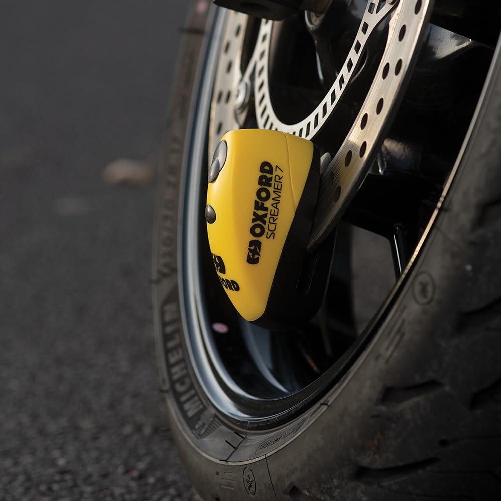Oxford Screamer7 LK290 - Candado de disco con alarma para motocicleta, alta seguridad, 100 dB, para motocicleta, ciclomotor, motocross, color amarillo/negro