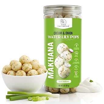 SaltWise Makhana Water Lily Pops, Cream & Onion Popped Lotus Seeds, Olive Oil Roasted Snack, Low Sodium, Vegan, Gluten-Free, Plant-Based, Non-GMO, 3 oz