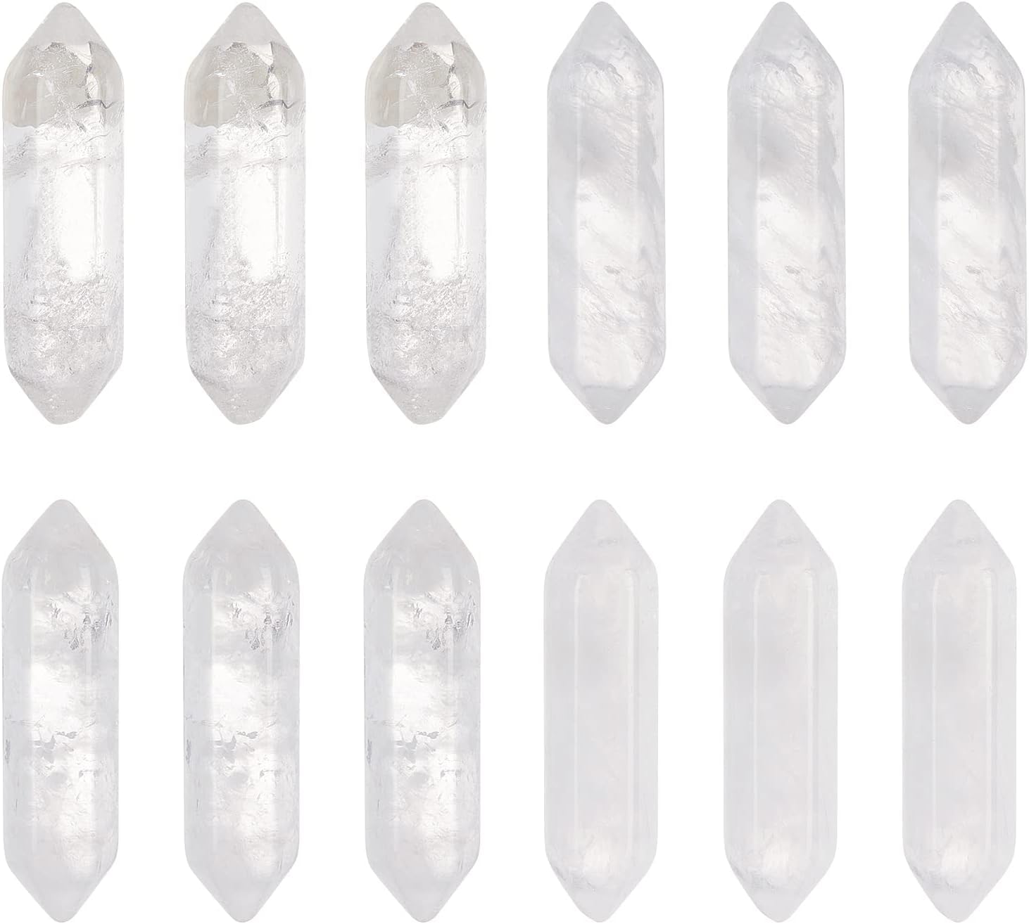 OLYCRAFT 12pcs Natural Quartz Crystal Points White Quartz Point Hexagonal Crystal Double Terminated Points Wands No Hole Gemstone Point Decor for DIY Crafts Necklace Jewelry Making -30x9x9mm