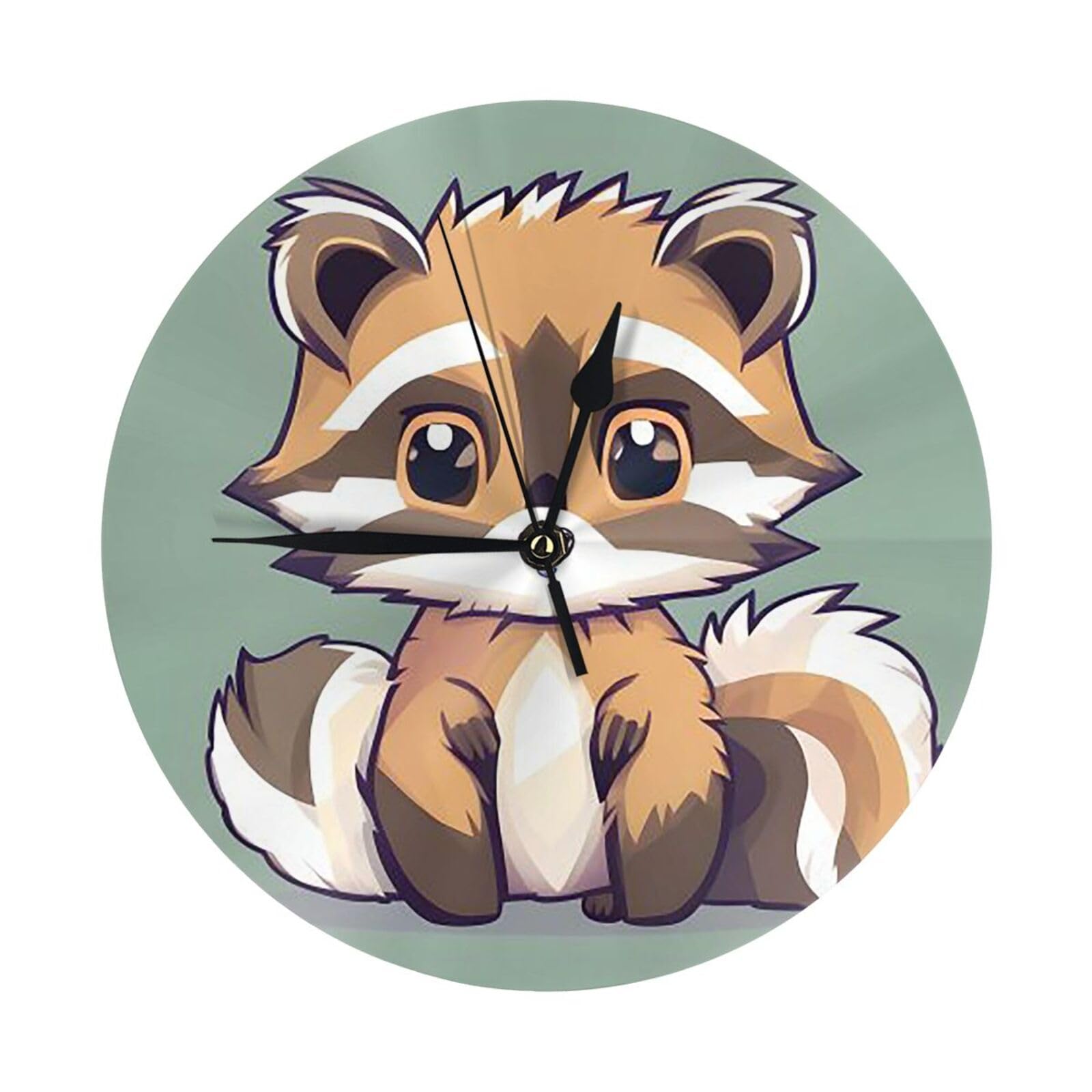 FodPand Cartoon Cute Raccoon Wall Clock - 10 Inch Silent Non-Ticking Modern Wall Clocks Battery Operated - Classic Simple Minimalist Analog Round Decorative Clock for Kitchen, Home, Office