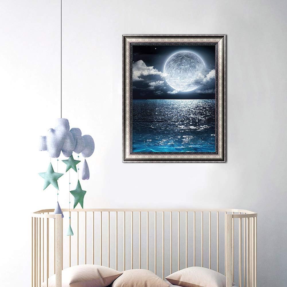 Diamond Painting Kits for Adults Beginner,DIY 5D Diamond Dots Full Drill Crystal Rhinestone Embroidery Cross Stitch Sea View Scenery Moon Diamond Art,Home Wall Decor11.8"X15.7"