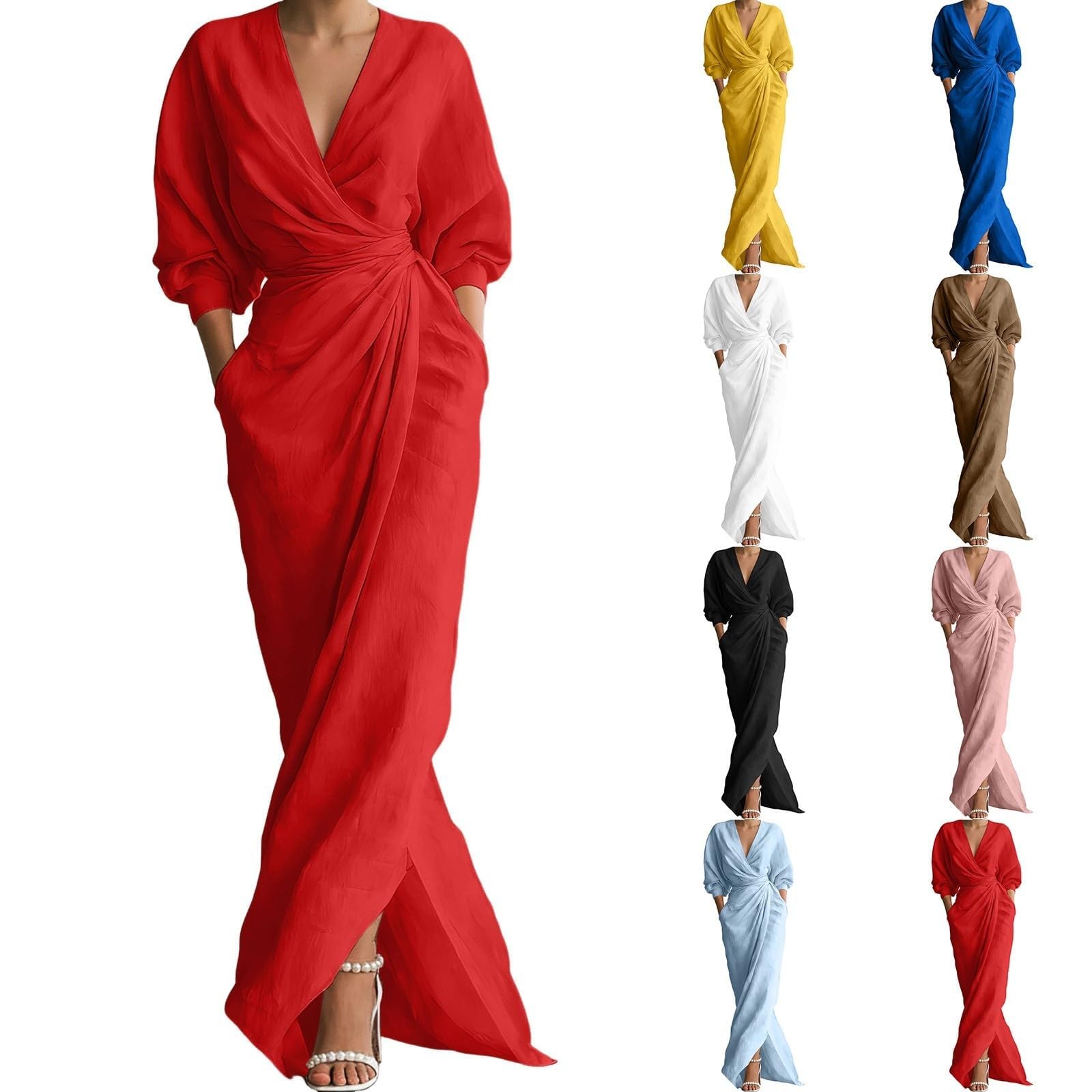Maxi Abito Donna Primavera/Estate 2026 – Scollo a V, Maniche Lunghe, Vita Incrociata, Dettagli Arricciati, Spacco sull'Orlo – Stile retrò, Elegante e Formale