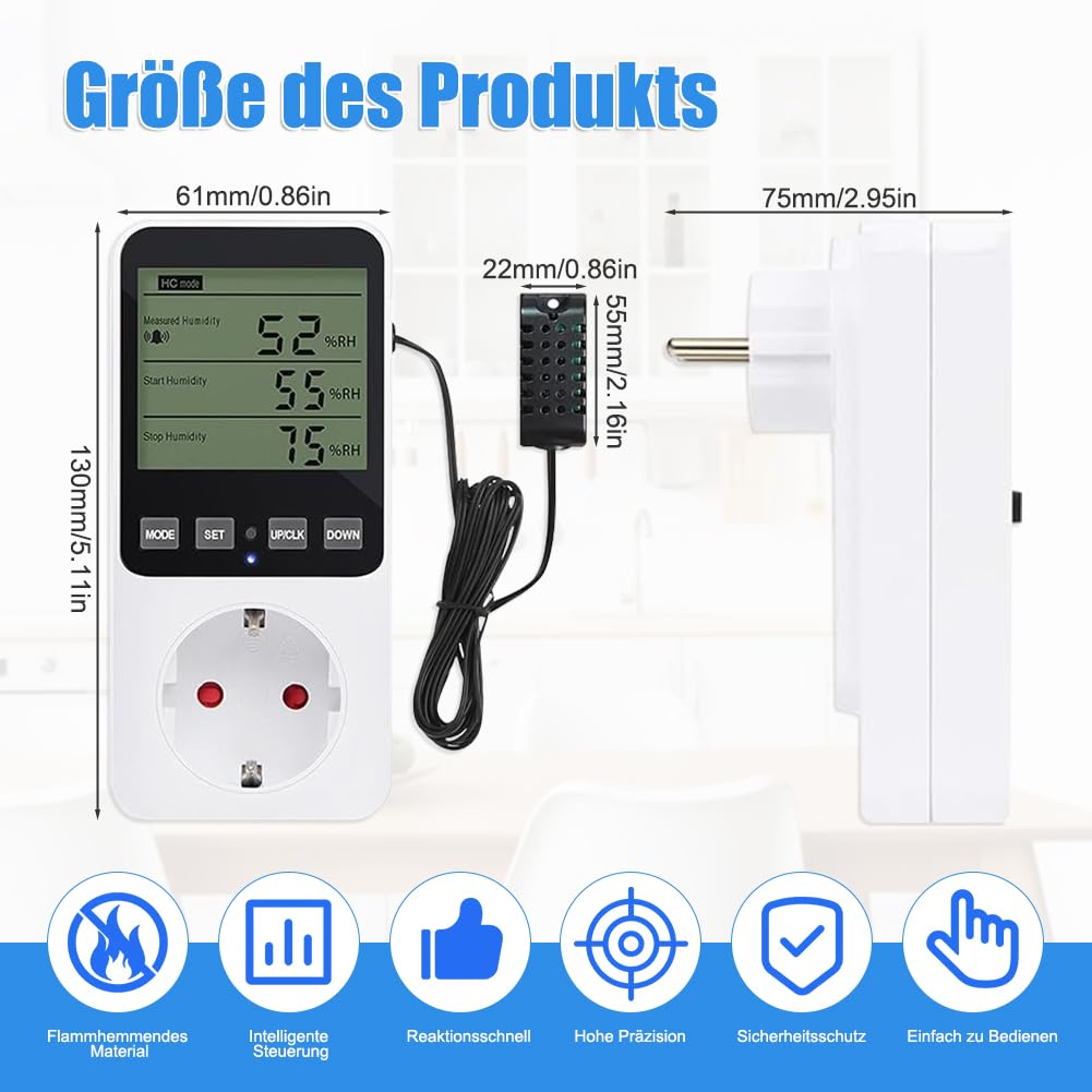 Régulateur d'humidité 230 V, thermostat numérique hygrostat prise avec capteur, interrupteur de température, régulateur d'humidité pour serre, terrarium, humidificateur, aquarium