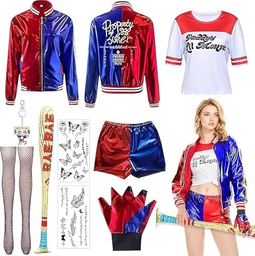 Bild: ZeiLaBang Kakadi Harley Quinn Kost�m,Harley Quinn Kost�m Damen,M�dchen B�sewicht Kit enthalten Jacke T-Shirt,Shorts und Handschuh Ballon Stick,Str�mpfe Bundlefor Karneval Cosplay f�r 30,99 EUR bei amazon.de