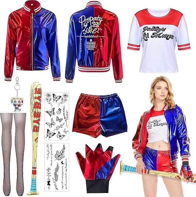 ZeiLaBang Kakadi Harley Quinn Kostüm,Harley Quinn Kostüm Damen,Mädchen Bösewicht Kit enthalten Jacke T-Shirt,Shorts und Handschuh Ballon...