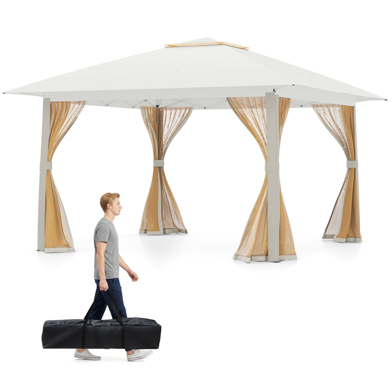 COSTWAY Gazebo da Giardino 3,94 x 3,94 M, Gazebo da Esterno con Zanzariera, Tetto Doppio, 3 Altezze Regolabili e Borsa per il Trasporto, per Feste, Barbecue, Giardino e Spiaggia (Beige)