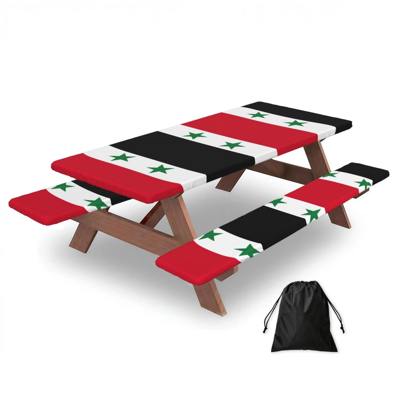 Duwaa Black Flag Of The Syrian Arab Republic Print 183Cm Picnic Table Cover With Bench Covers, Waterproof Elastic Tablecloth Set For Outdoor