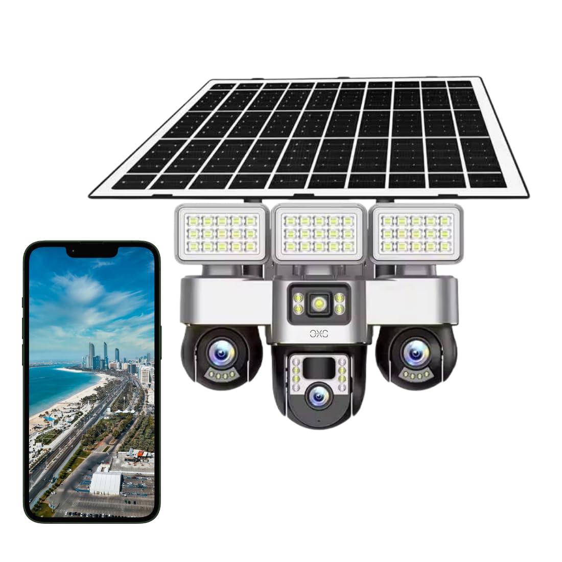 OneXsale 4G Solar Security Camera – Triple Lens 3MP, 3-Screen Panoramic View, 10X Zoom, Auto-Tracking Human Detection, Color Night Vision, Two-Way Audio, 20000mAh Battery, IP66 Waterproof, No WiFi