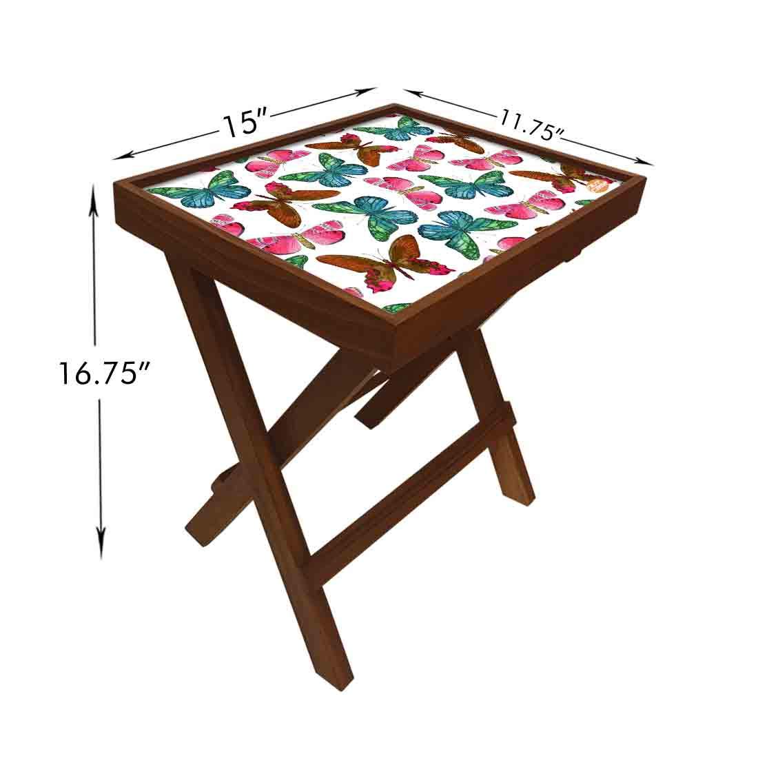 Nutcase Designer Teak Wood Side Table Folding Wooden Bedside Coffee Outdoor Picnic Table - Watercolor Butterfly 3
