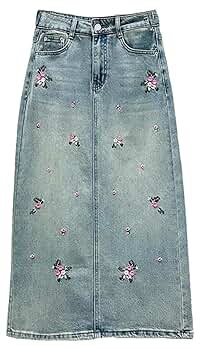 Embroidered High Waist A-Line Denim Skirt for Women Spring