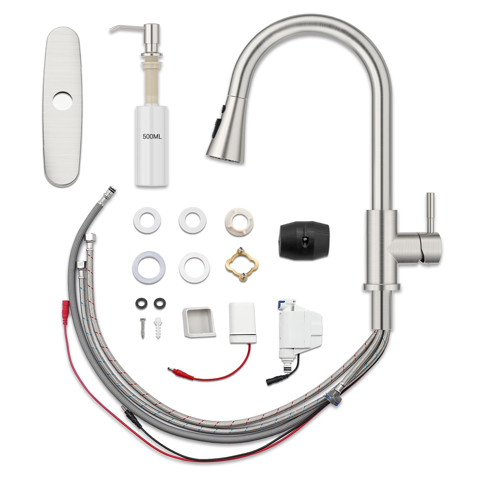 Berührungslose Küchenarmatur mit herausziehbarem Sprüher, Küchenspüle, gebürstetes Nickel, Wasserhähne mit Seifenspender, Einhand-Freisprechsensor, geeignet für 1 bis 4 Loch Spüle, Edelstahl