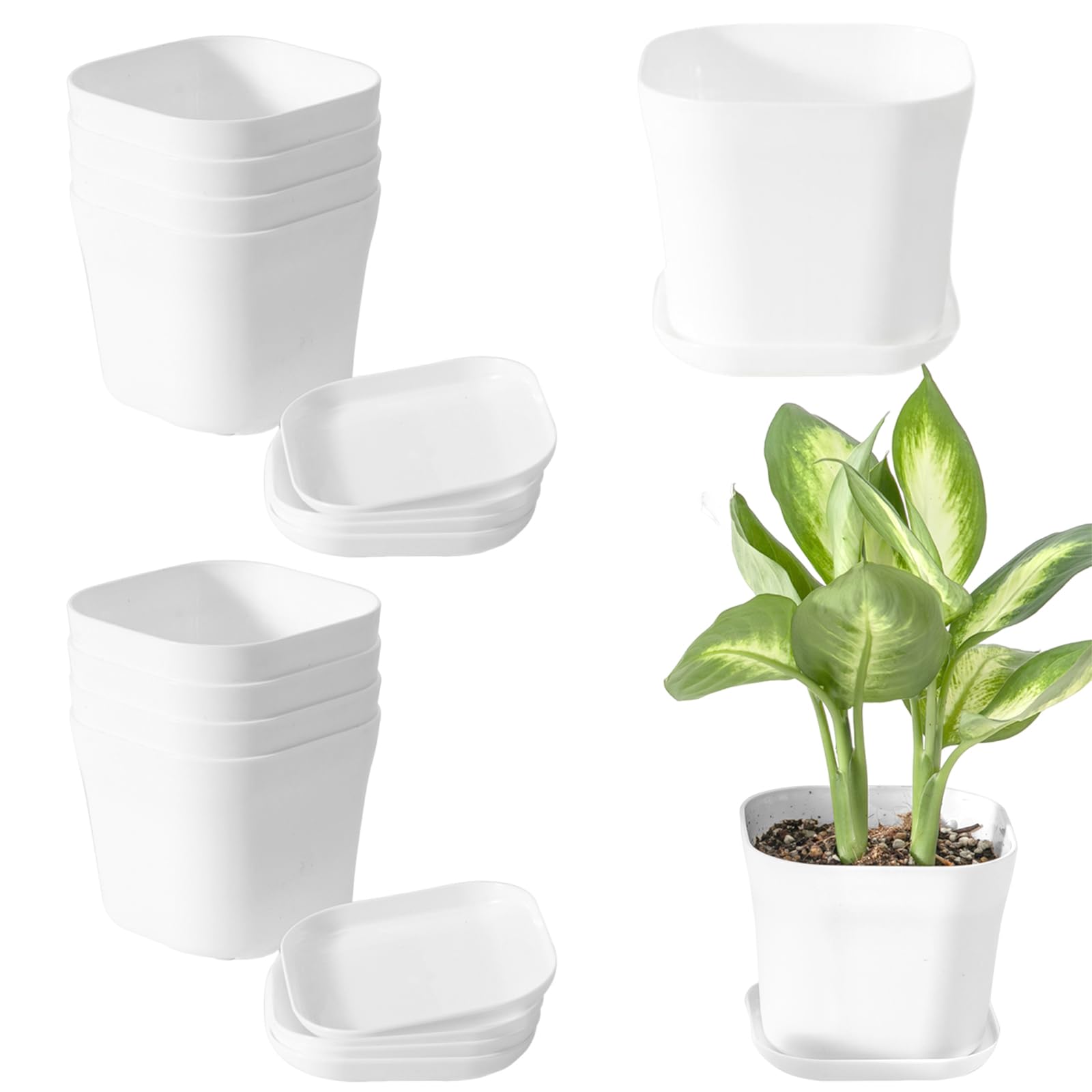 Ksvaye 10 Piezas Macetas Pequeñas 10 cm Blanco Macetas Plastico con Platillo Tiestos para Plantas con Agujeros de Drenaje para Interior Exterior Jardín (9 * 9 * 8cm)