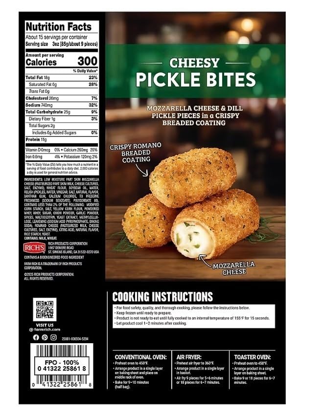 Cheesy Pickle Bites, Mozzarella Cheese, Crispy Breading , Brings the crunch! Farm Rich Cheesy Pickle Bites combine mozzarella cheese with tangy diced dill pickles, all wrapped in a crispy Romano breading that delivers big flavor in every bite. Perfect for parties, game days, or anytime cravings hit, these bites are easy to prepare and impossible to resist. Bonus: each serving packs 11 grams of protein to keep you satisfied. [ 44 oz , 2.75 lb ]