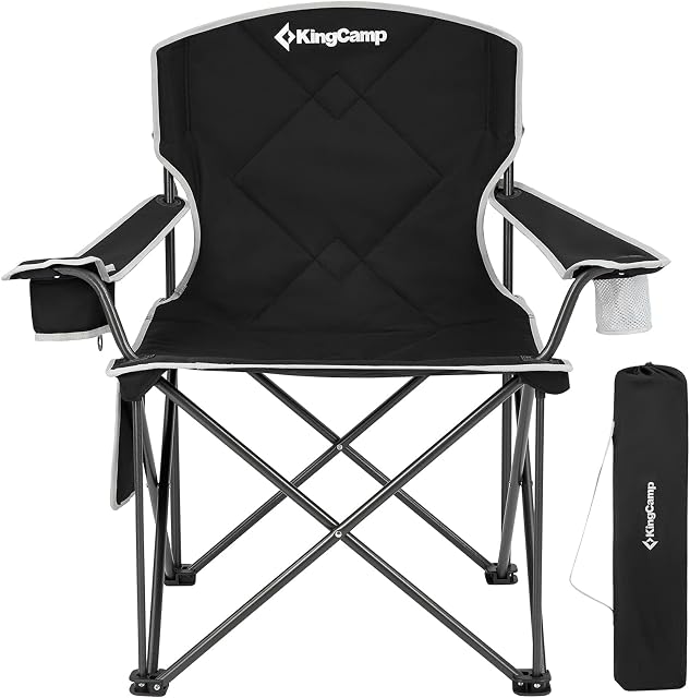 KingCamp Oversized Camping Chairs Heavy Duty Folding Chair with Cooler Bag Can Opener Wide Seat Padded Camp Chair Supports 330lbs Collapsible Armchair for Garden Picnic Fishing XXL Black
