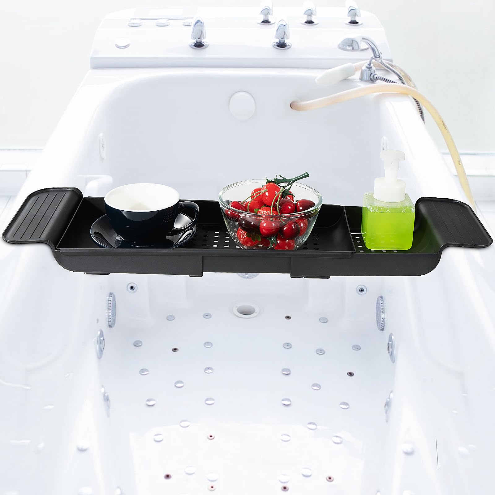 HOMEE Expandable Bathtub Caddy Tray, Plastic Drain Bath Tub Tray Table, Adjustable Bath Shelf Tub Board Organizer Trays for Bathroom and Kitchen(Black)