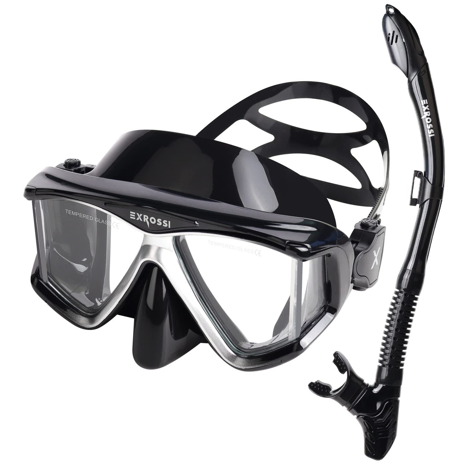 EXROSSI Scuba Diving Mask Panoramic 4 Lens, Tempered Glass Snorkeling Dive Mask with Nose Cover, Anti Fog Snorkel Goggles Gear, Adult Youth Swim Mask for Diving, Snorkeling, Swimming
