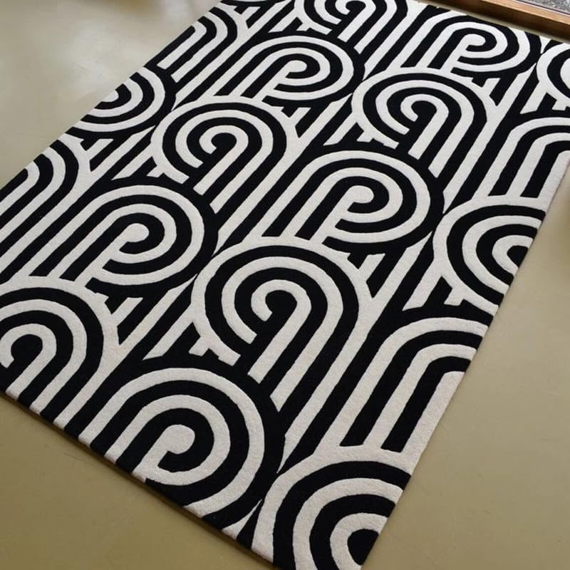 10x14 Ft Hand Tufted Wool Area Rug, Modern Abstract Black & White Geometric Pattern, Premium Handmade Carpet for Living Room Bedroom & Home Décor