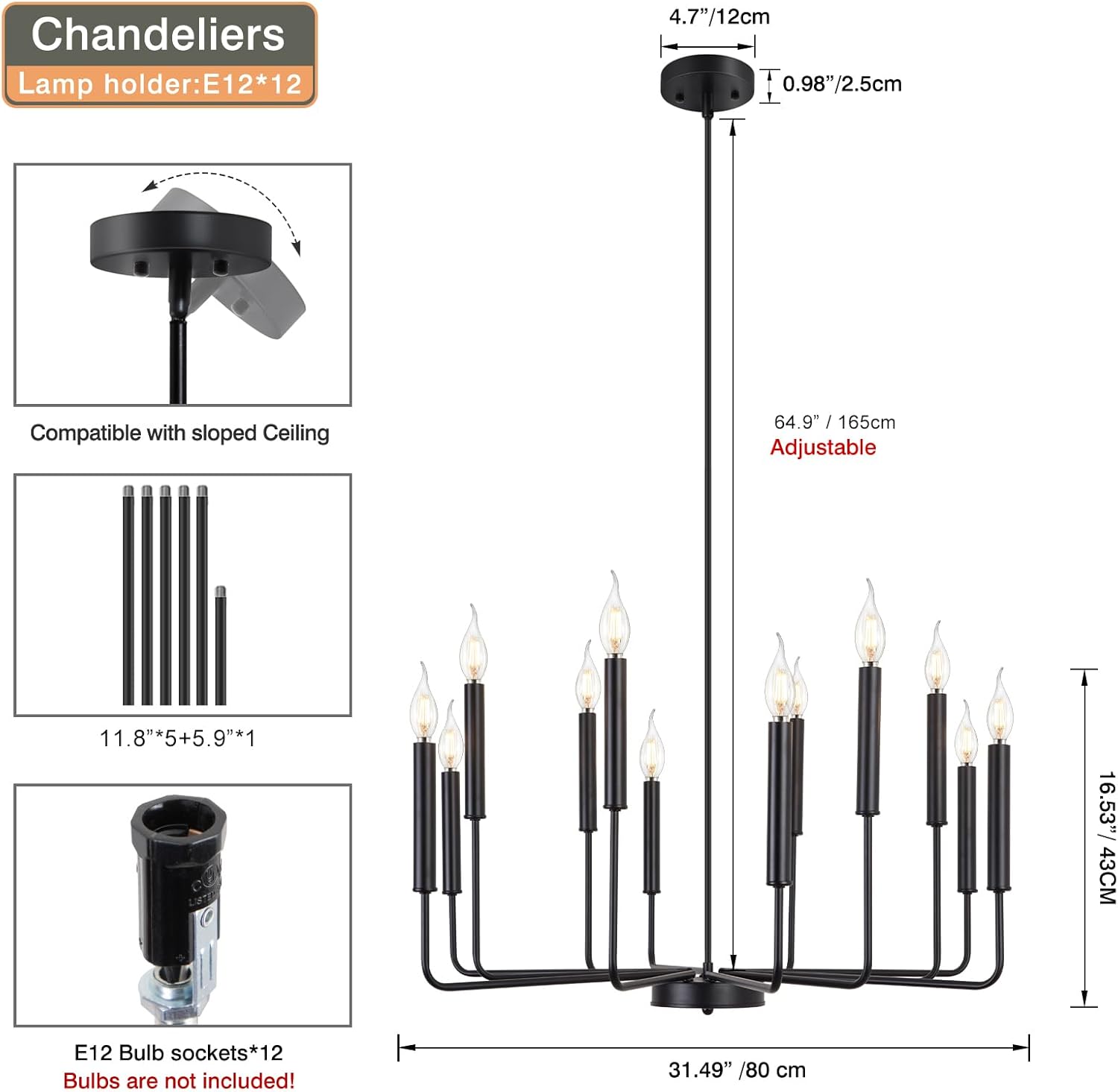 Modern Farmhouse Black Chandelier, 12-Light Rustic Candle Chandelier, Industrial Hanging Chandeliers for Dining Room, Living Room, Kitchen, Foyer, Entryway