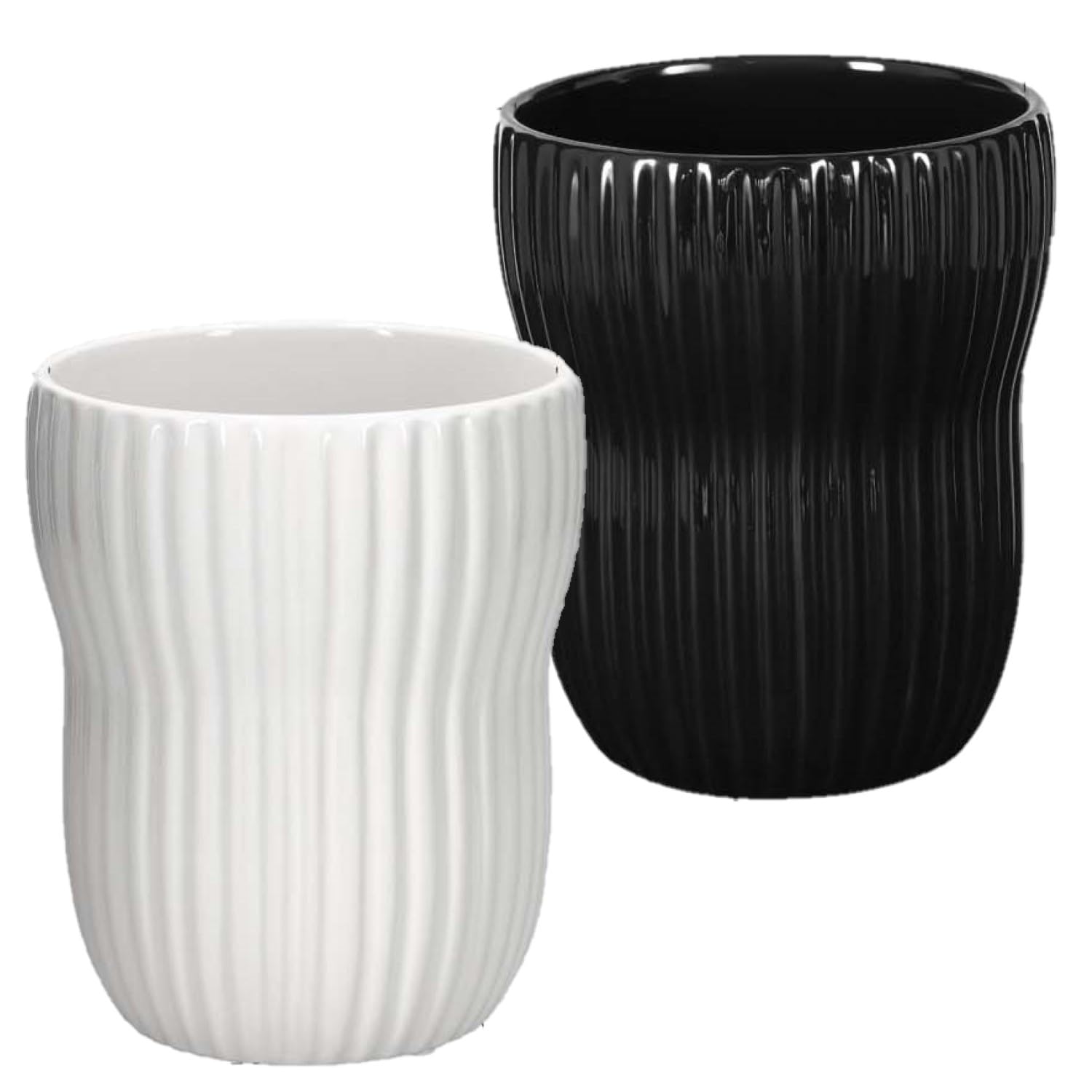 KOTARBAU® Set of 2 Flower Pots, White/Black, Inside Round, Diameter 11.5 cm, Height: 16.5 cm, Grooved Glazed Ceramic Flower Pots, Flower Pot, Ceramic Plant Pot, Orchid Planter, Large Flower Pot