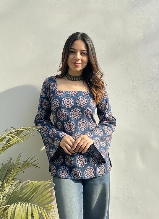 Image of ANNI Designer Women's Viscose Blend Printed Short Kurti | Straight Fit Casual Ethnic Top | Square Neck 3 /4 Sleeve Kurta Office College