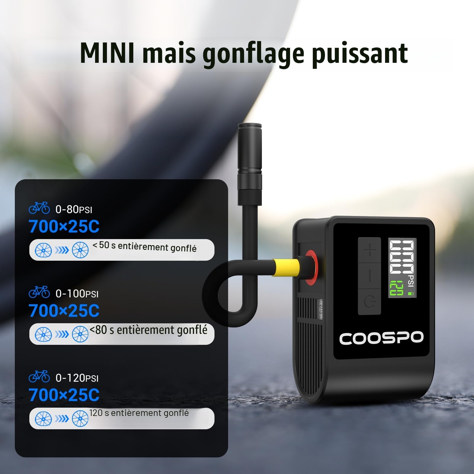 CooSpo Pompe à Velo Electrique, Mini Pompe Portable, Max 120 PSI avec Valves Presta Schrader