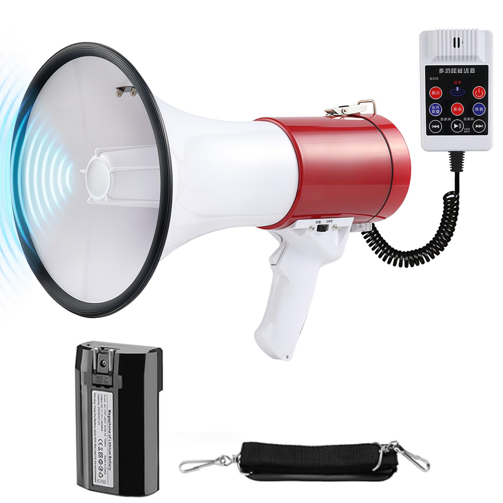 Megáfono 50W 1000m Sirena Micrófono Grabación 260S Bluetooth Correa Ajustable Rojo