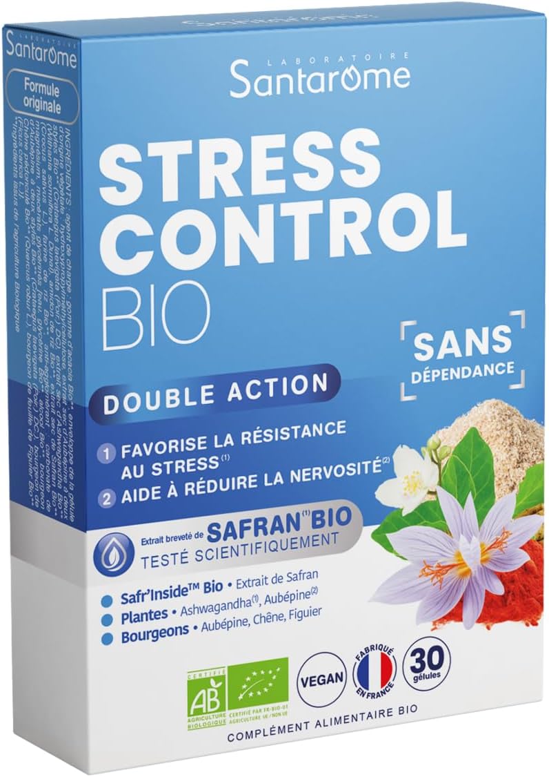 Santarome Bio – Stress Control Bio Food Supplement Anti-Stress and Anxiety, Physical and Mental Wellness, Organic Herbal Base, Rhodiola, Hawthorn, Vegan, Made In France, Blue, 30 Capsules Santarome Bio – Stress Control Bio Food Supplement Anti-Stress and Anxiety, Physical and Mental Wellness, Organic Herbal Base, Rhodiola, Hawthorn, Vegan, Made In France, Blue, 30 Capsules
