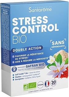 Santarome Bio - Stress Control Bio Complément Alimentaire Anti-Stress et Anxiété, Bien-être physique et mental, A base de plantes Bio, Rhodiola, Aubépine, Végan, Made In France, Bleu, 30 Gélules