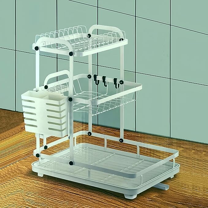 Dish Drying Rack with drainage, Detachable 3 Tier Dish Rack and Drainboard Set, Large Capacity Dish Drainer Organizer Shelf with Utensil Holder. (WHITE))
