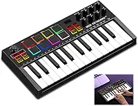Teclado MIDI, Controlador MIDI, Teclado Controlador 25 Teclas Midi, Controlador Midi 25 Teclas com 8 Pads RGB, Produção Musical, Visor OLED Visualizável, 12 Semitons de Transposição