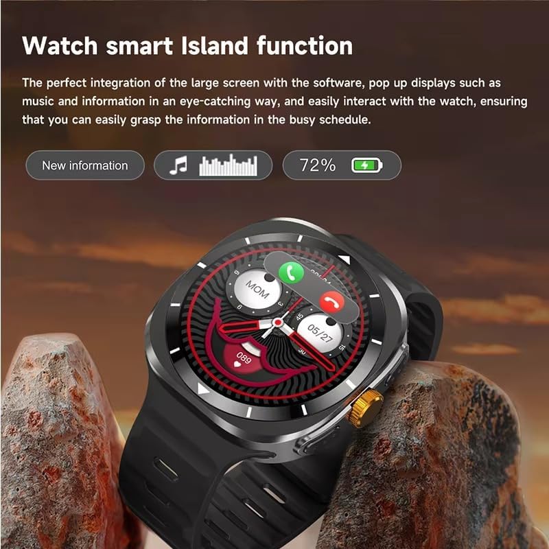 Smartwatch displaying the Smart Island function with new information, music, and battery status pop-ups.