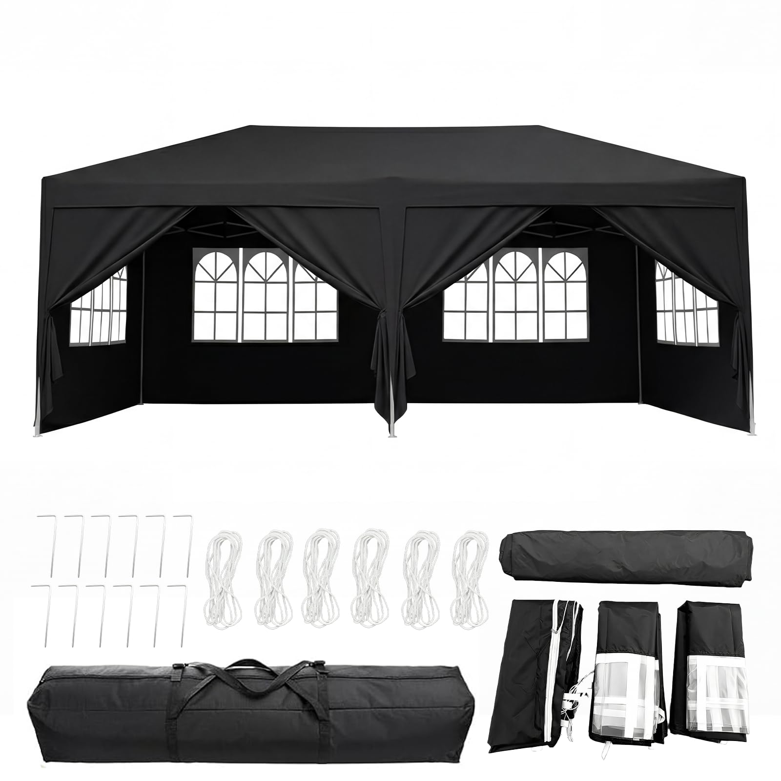 Panana Pop Up Gazebo with Side Panels, 6x3m, Waterproof Canopy Tent with Windows, 3 Height Adjustable Levels, Carry Bag Included (Black)