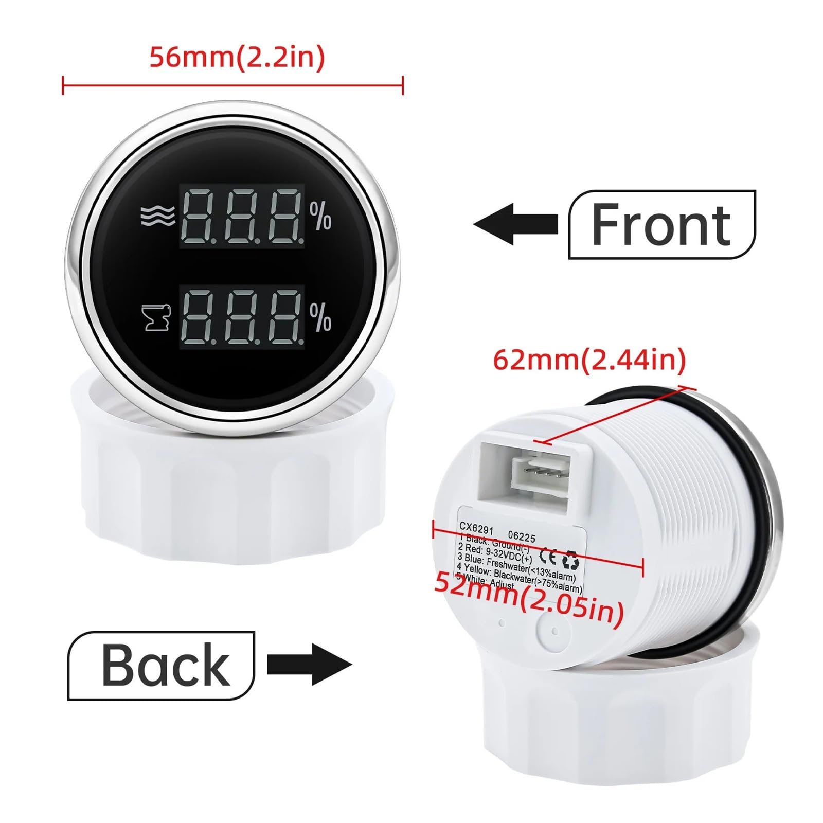 2IN1 Dual 52mm Messgerät mit grüner LED, digitaler Wasserstand + Abwasserpegelmesser for Autos mit Blitzalarm 0-190 Ohm, 240-33 Ohm, 0-90 Ohm Klare Messwerte(BB)