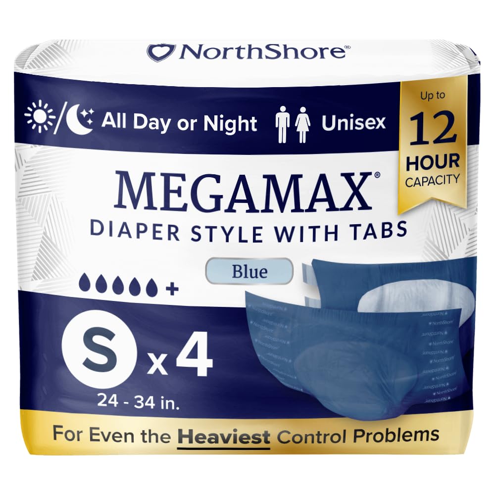 NorthShore MegaMax Adult Overnight Diapers, 12-Hour Tab-Style, Small, 4 Count Starter Pack, Blue, 24-34 inches, Unisex Incontinence Underwear