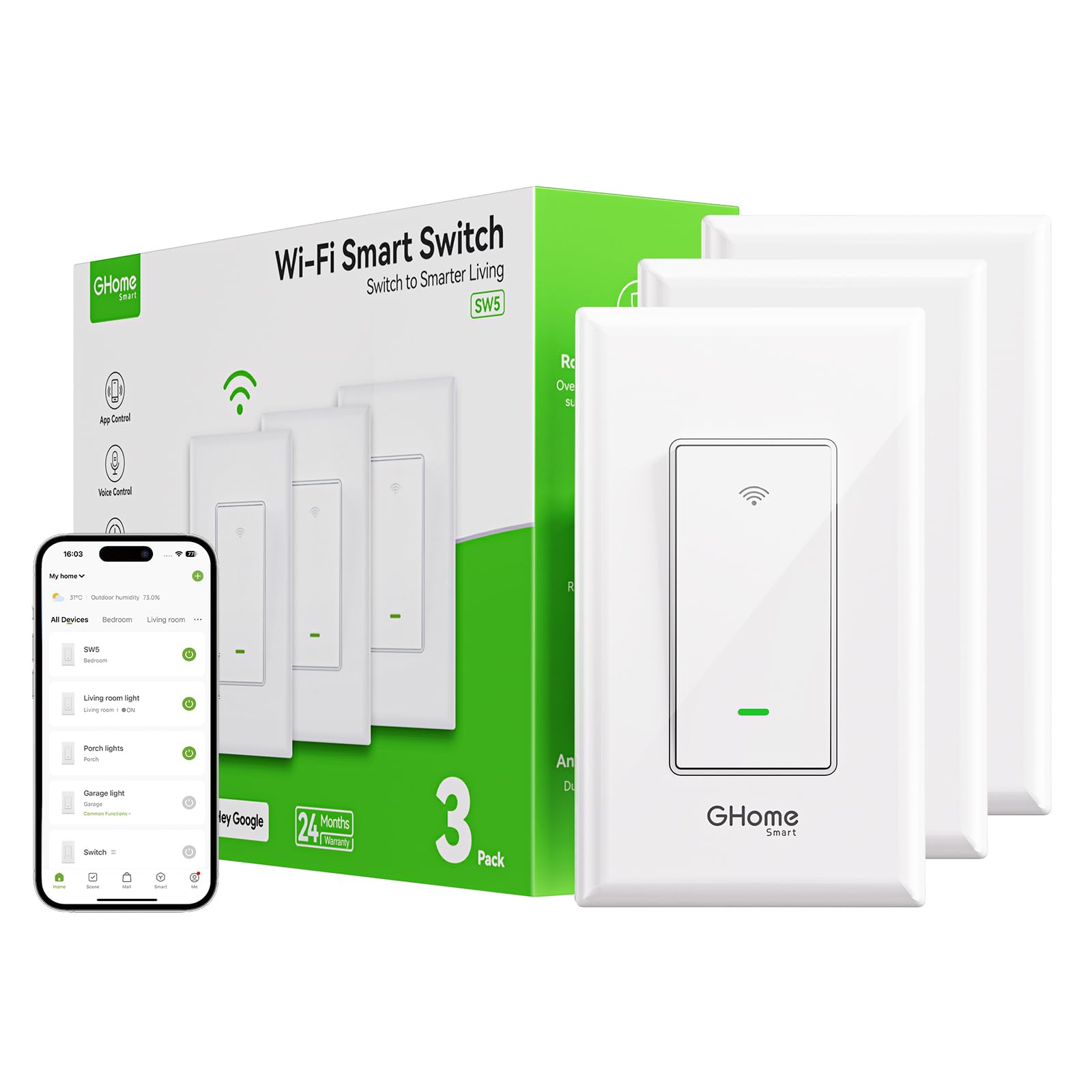 GHome Smart Switch Single Pole Smart Switches for Lights Work with Alexa Google Home 2 4GHz WiFi Light