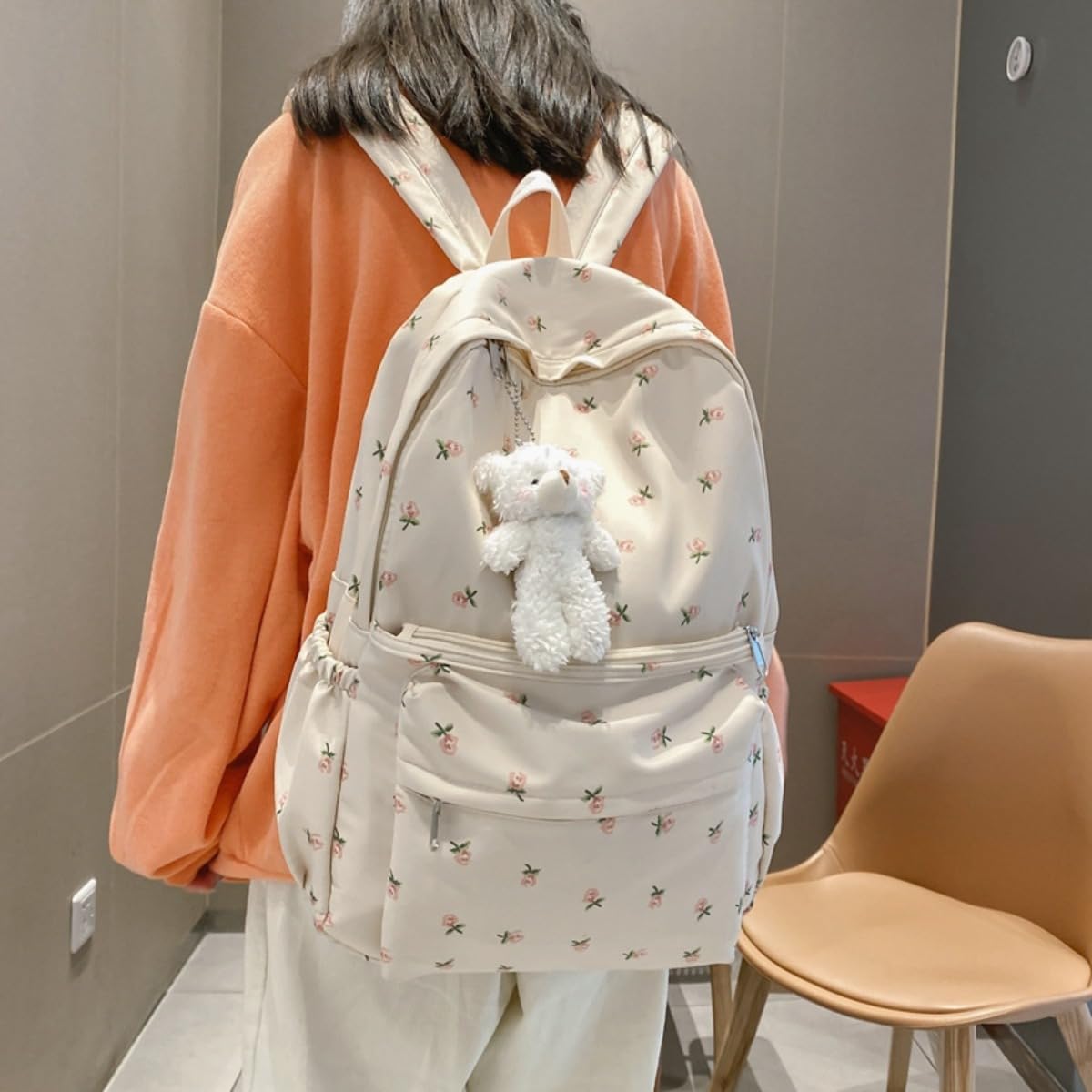 POMN Kawaii Backpack Floral Aesthetic Backpack Cute Flower Canvas Backpack Casual Travel Daypacks (Beige)