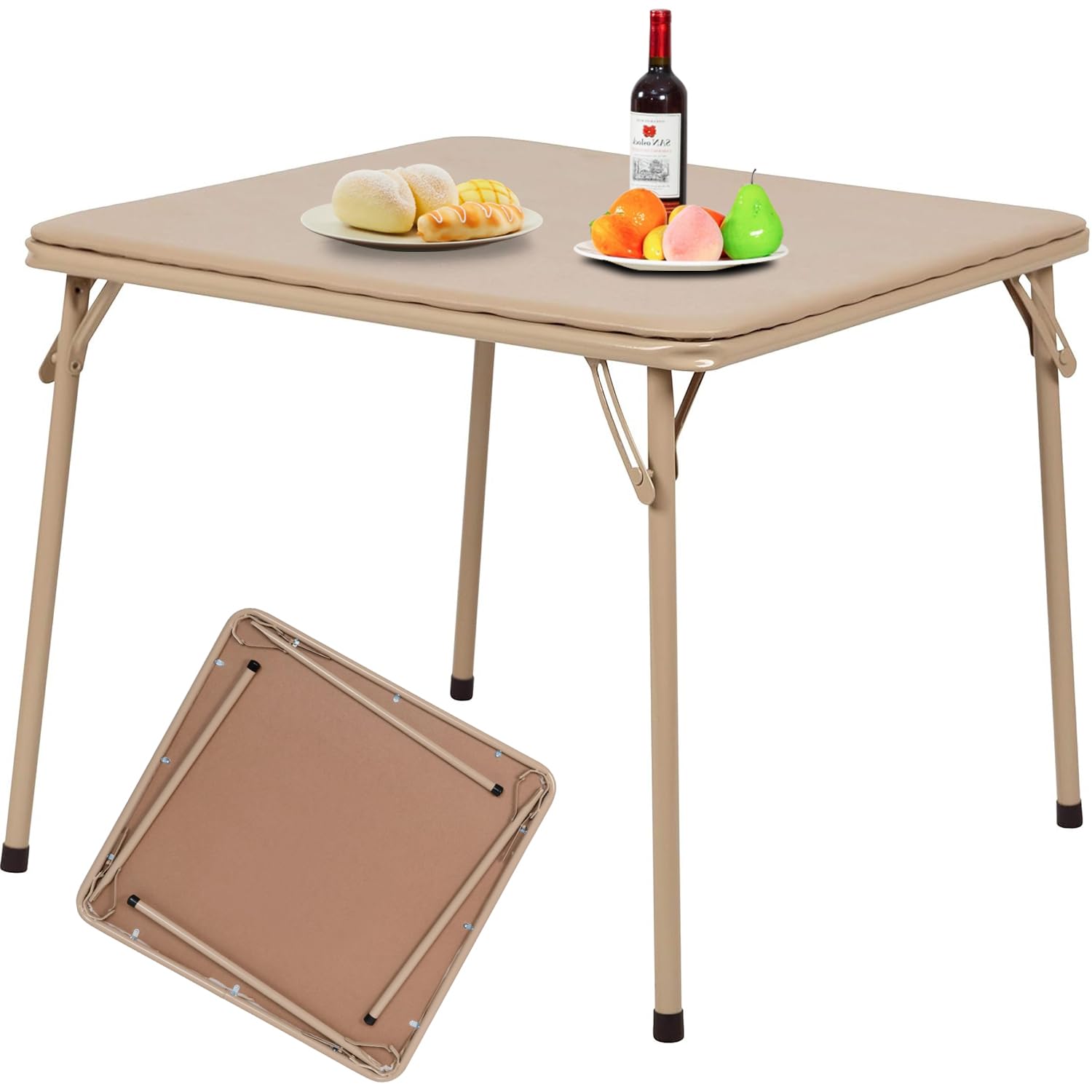 FurnitureR Square Folding Table, 33.9" Multi-Functional Card Table, Portable and Foldable for Indoor/Outdoor Use, PVC Tabletop with Metal Frame, No Assembly Required, Camel