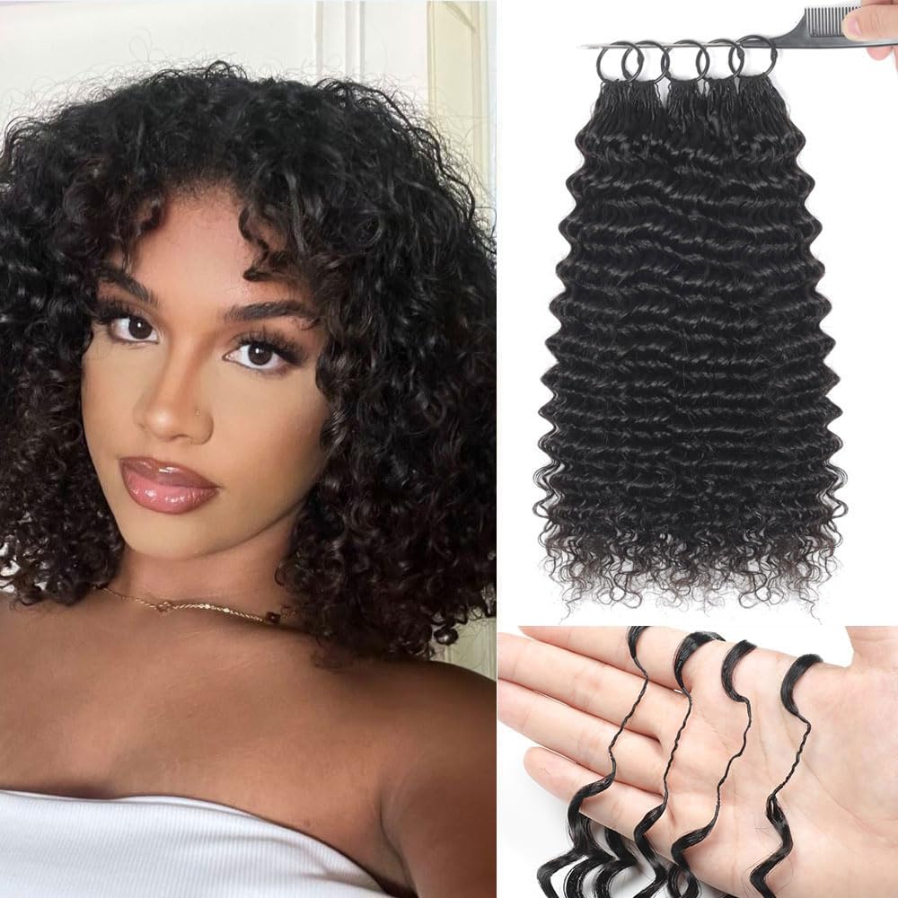 Renyarch Feather Crochet Human Hair Bundles 14 Pouces Deep Wave Meche 125g 100 Pcs Noir Naturel Wet and Wavy Invisible Crochet Bouclé Naturel Cheveux Humain Curly