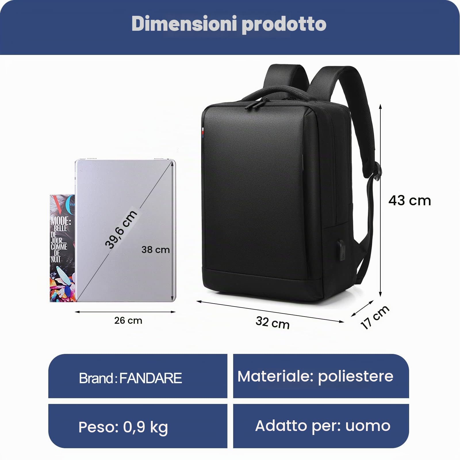 FANDARE Zaino Ufficio Uomo Zainetto Scuola con porta di ricarica USB per 15.6 Pollici PC Portatile da Donna Daypacks per Business Viaggio Lavoro Impermeabile