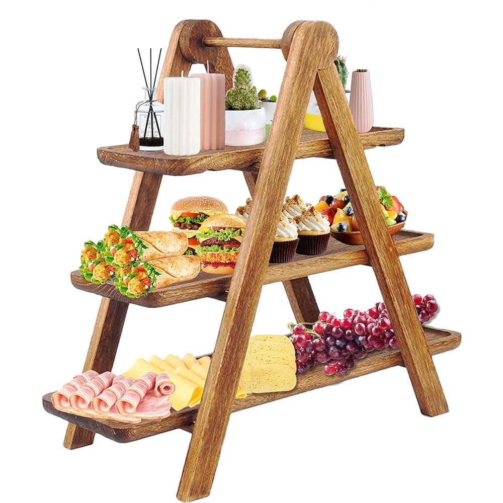 Estantes de Postres de Madera de 3 Capas, Bandejas de Pastelería, Adecuados para Fiestas, Picnics, Estantes Portátiles de Exhibición de Alimentos Plegables (#)