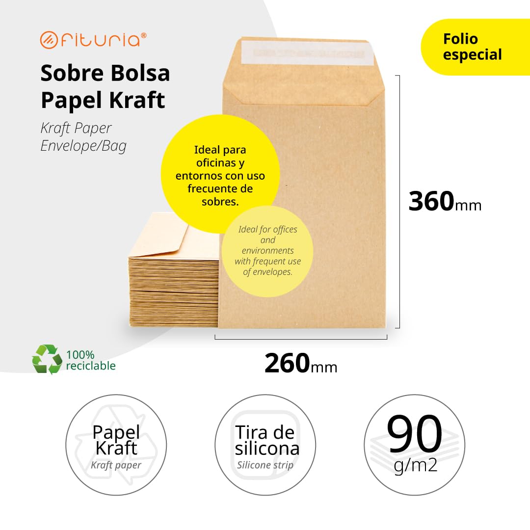 Koperty Kraft z silikonową opaską na zaproszenia lub torebki na prezenty dla gości na wesela, komunię lub chrzciny, koperty na biżuterię lub nasiona, Ofituria (260 x 360 mm, ok. 100 szt.)
