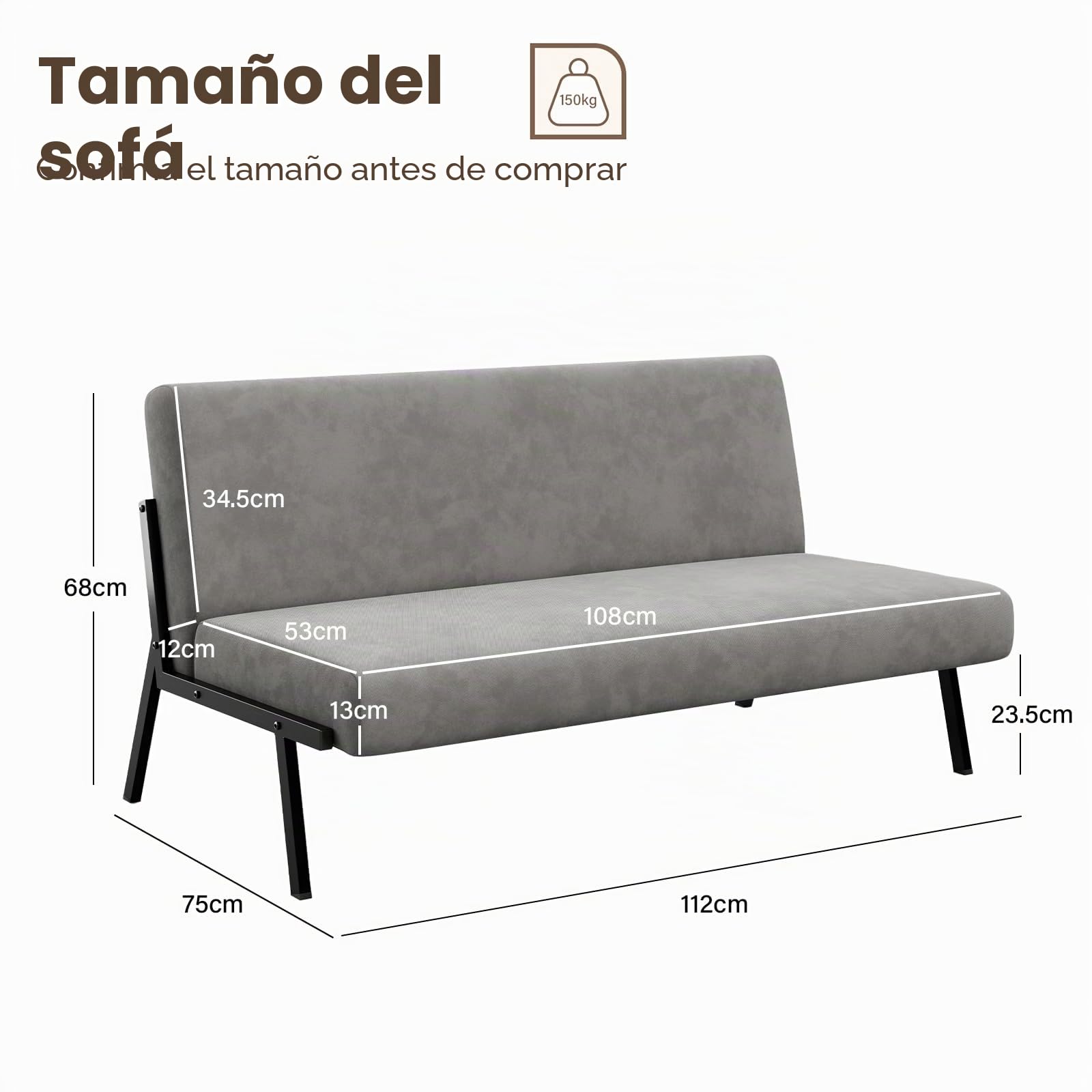 Dripex Sofá de 2 plazas, sofá de Tela Moderno con Marco de Metal, sofá de salón con Respaldo, sofá Doble para salón o Dormitorio, soporta 150 kg, 112 x 75 x 68 cm, Gris