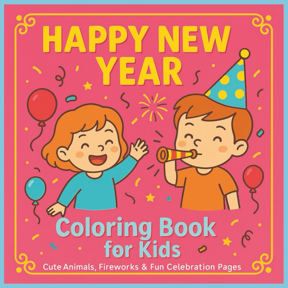 Happy New Year Coloring Book for Kids: Cute Animals, Fireworks & Fun New Year Celebration Coloring Pages for Kids Ages 3–8
