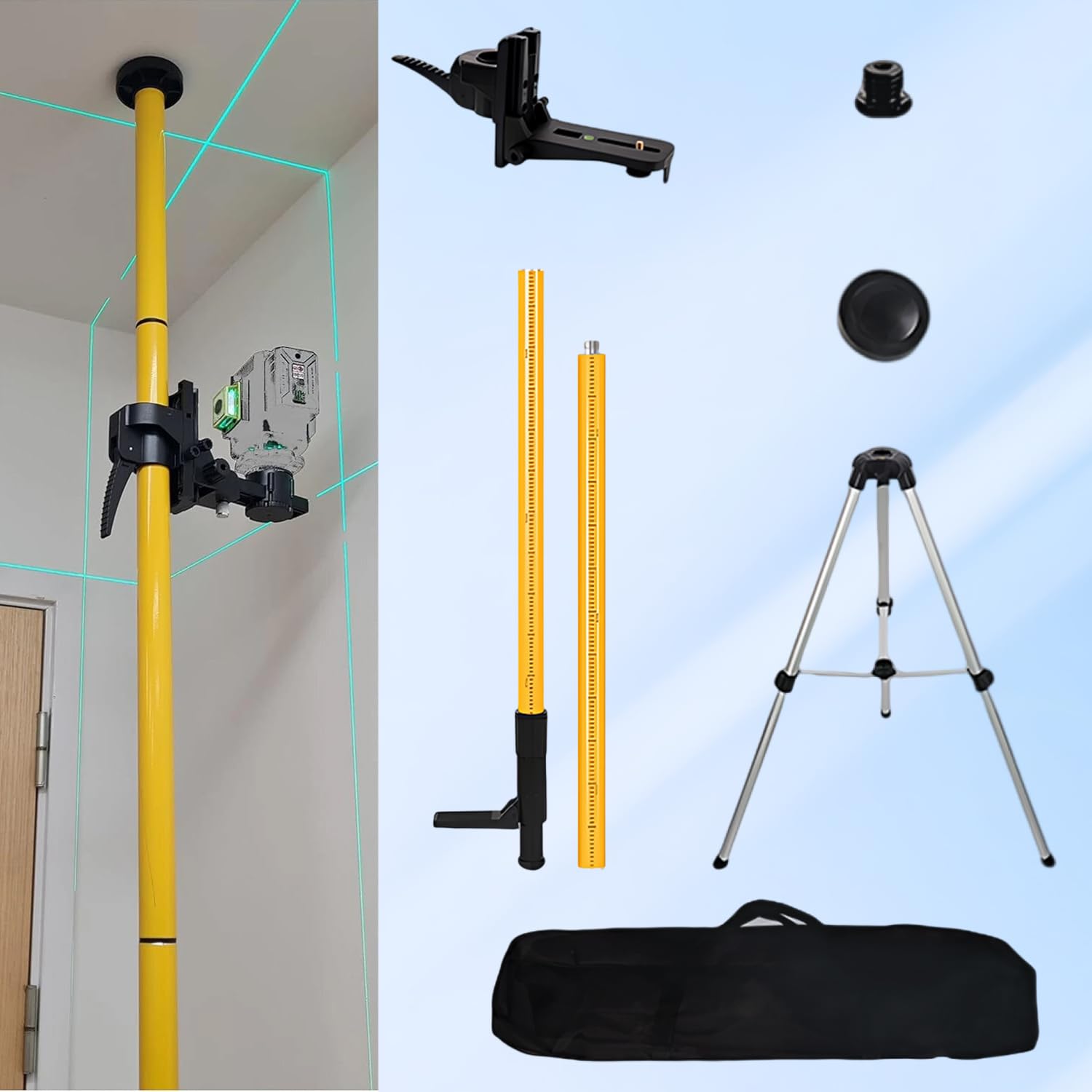 Mástil telescópico para láser, trípode para láser de 4,2 m con ajuste de altura de 240 a 420 cm, trípode de obra giratorio a 360° con adaptadores roscados de 1/4« y 5/8», capacidad de carga máxima