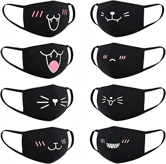 8 Pack Cute Cat Face Printed Cotton Face Masks, Reusable Washable Black Fabric Mouth Cover with 8 Different Anime Cartoon Expressions for Daily Outdoor Halloween Party Cosplay
