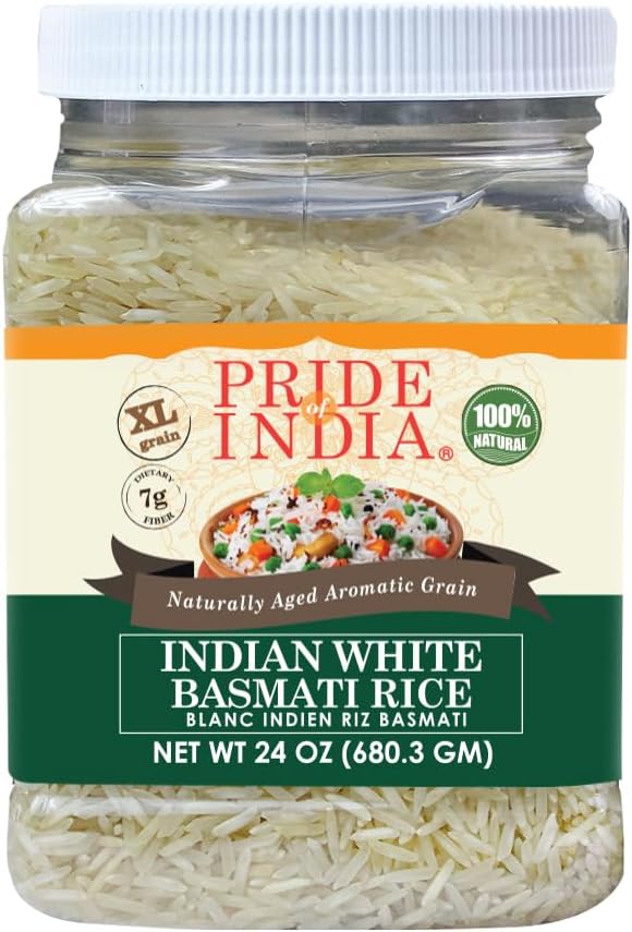 Extra Long Indian White Basmati Rice – Naturally Aged Aromatic Grain Jar – Fragrant and Aromatic Rice – Complements Curries & Stews - 1.5 pound Jar