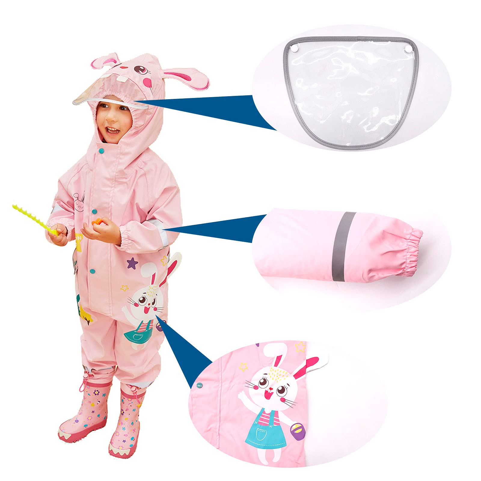 JinBei Imperméable Garçon Fille à Capuche Combinaison de Pluie Enfant Manteau Veste Pantalon Dessin 3D Animé Mignon Cape Unisexe Léger Rayure Réfléchissante Randonnée Outdoor Imperméables 1-8 Ans