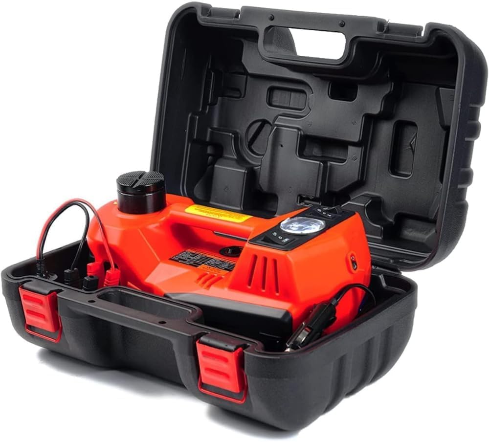 - JANVITHA 12V DC Electric Hydraulic Car Jack | 5 Ton Capacity | Lifting Height Up to 17.7 Inches, with Tire Inflator and LED Light | Complete Kit for Car, Sedan, SUV Tire Replacement